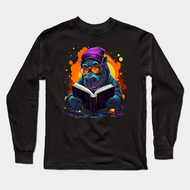 Hippo Reads Book Long Sleeve T-Shirt by JH Mart